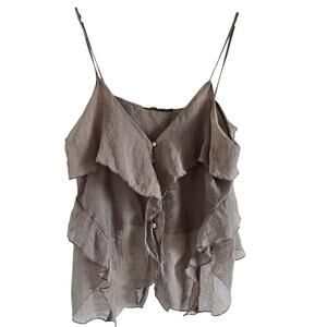 Zara Sheer Raffled Camisole Strappy Top Size XL Tan Romantic Boho